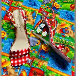 Jessica Simpson flower/checkered acrylic clear heels